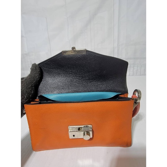 Authentic Prada Saffiano Sound Lock Pochette Shoulder Bag Orange/Blue - Picture 6 of 16